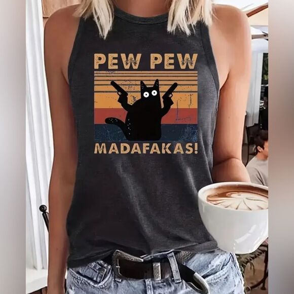 Black Cat Graphic "Pew Pew Madafakas" Tank Top Dark Gray Size XXL - Picture 1 of 3